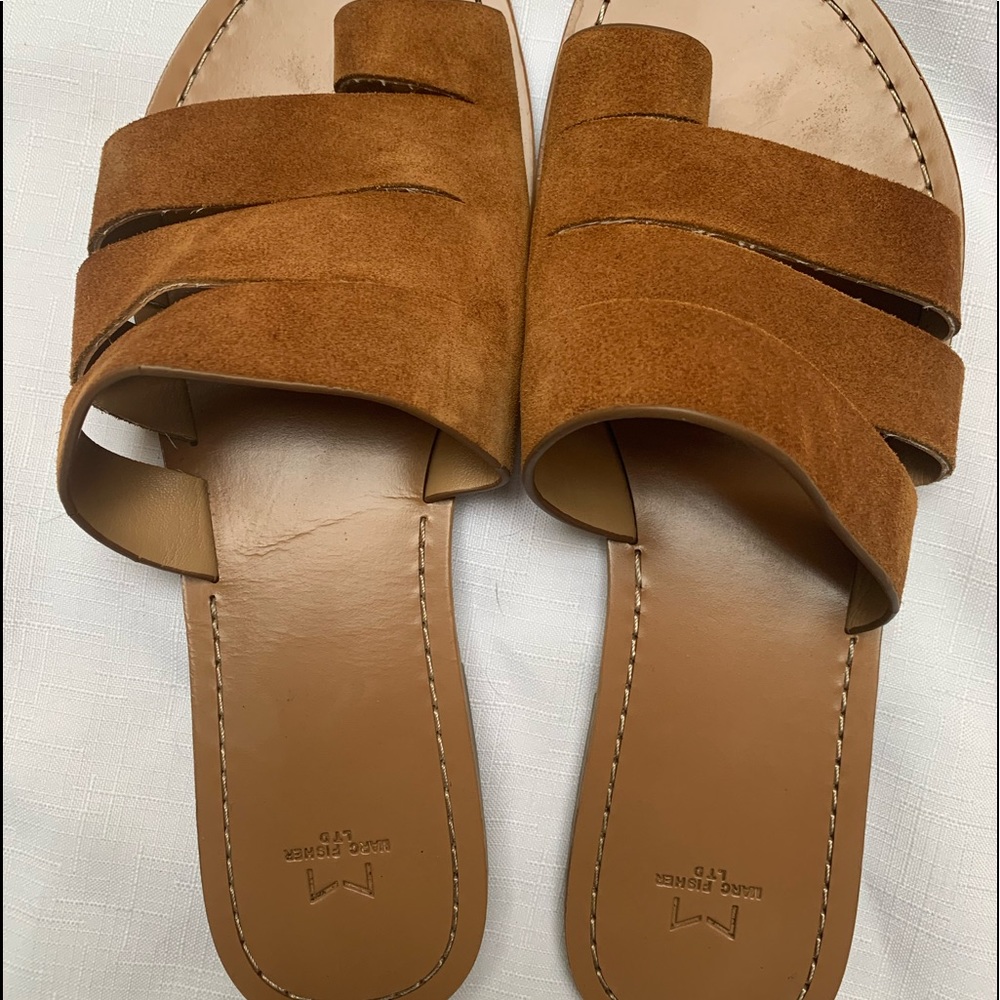 Marc Fisher Cognac Suede Multi‑Strap Slide Sandals